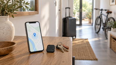 Illustration de géolocalisation : smartphone, traceur GPS, clés et bagage