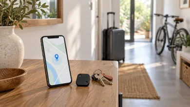 Illustration de géolocalisation : smartphone, traceur GPS, clés et bagage