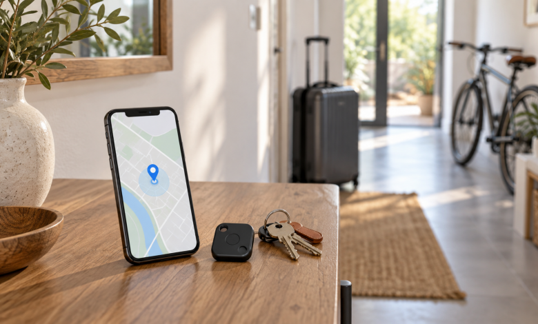 Illustration de géolocalisation : smartphone, traceur GPS, clés et bagage