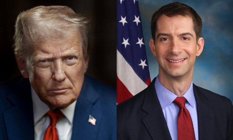 Montage de portraits officiels de Donald Trump et du sénateur Tom Cotton