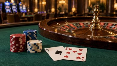 Jetons, cartes de jeu et roulette sur une table de casino