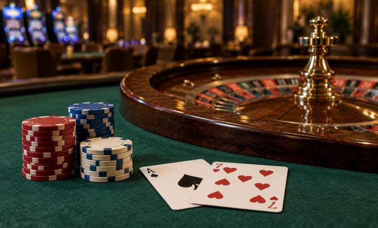 Jetons, cartes de jeu et roulette sur une table de casino